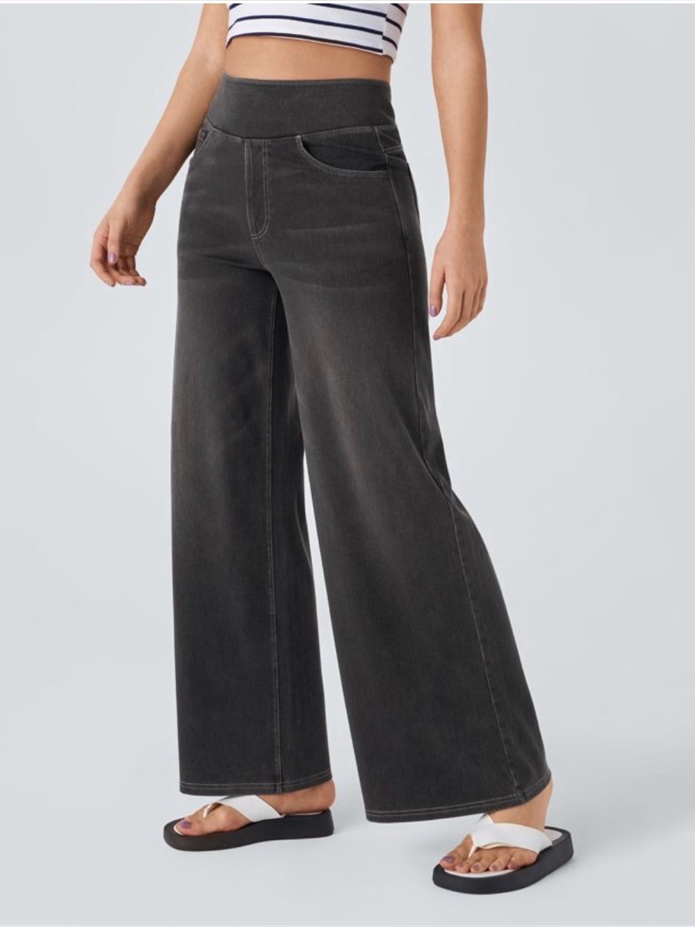 NWT Halara Flex High Waisted Baggy Wide Leg Washed Casual Jeans Black 14 Petite